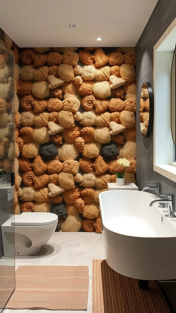 A cozy bathroom featuring a wall made of wool skeins in warm colors.