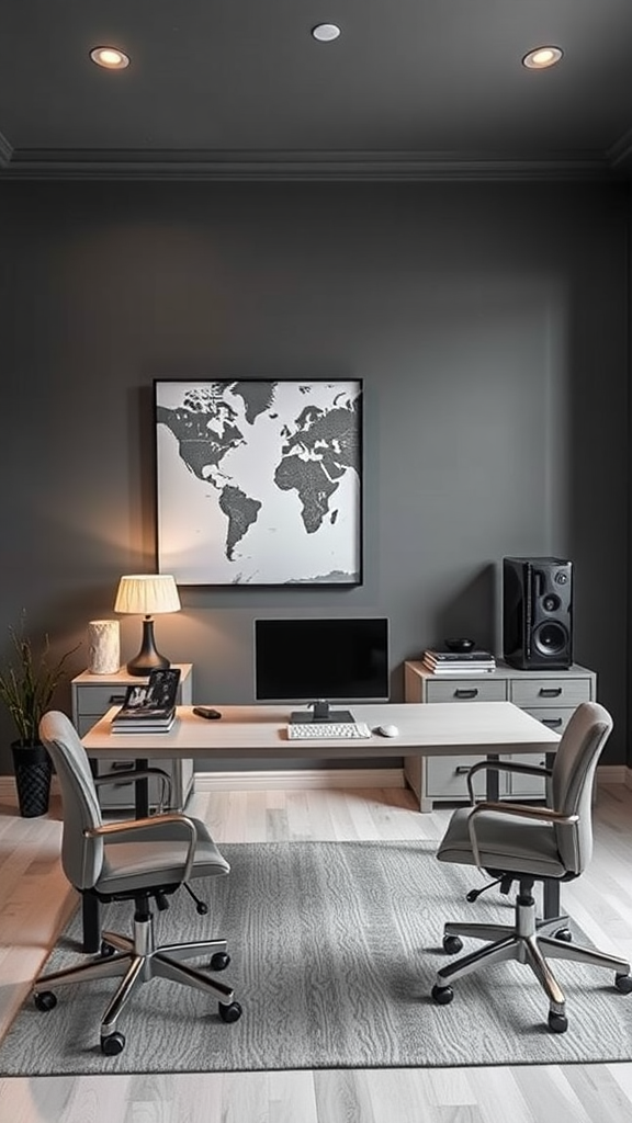 A modern office with gray walls, featuring a desk, two chairs, a computer, and a world map on the wall.