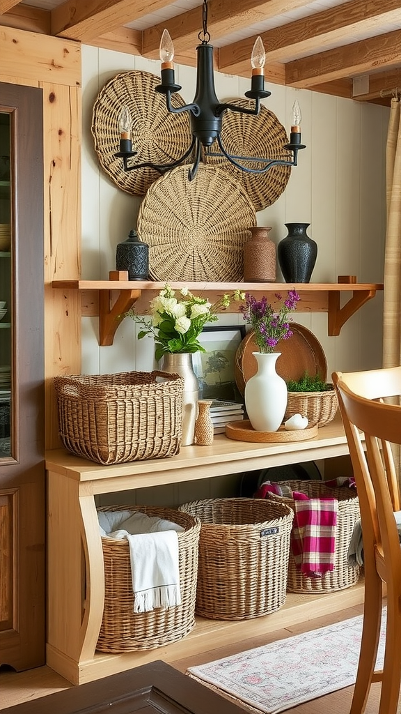 A cozy storage space featuring woven baskets on a wooden shelf, decorated with vases and plants.