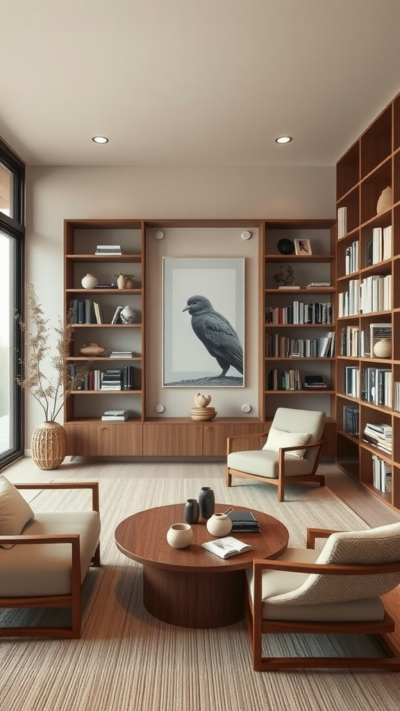 A serene reading space with wooden furniture, bookshelves, and a bird artwork.